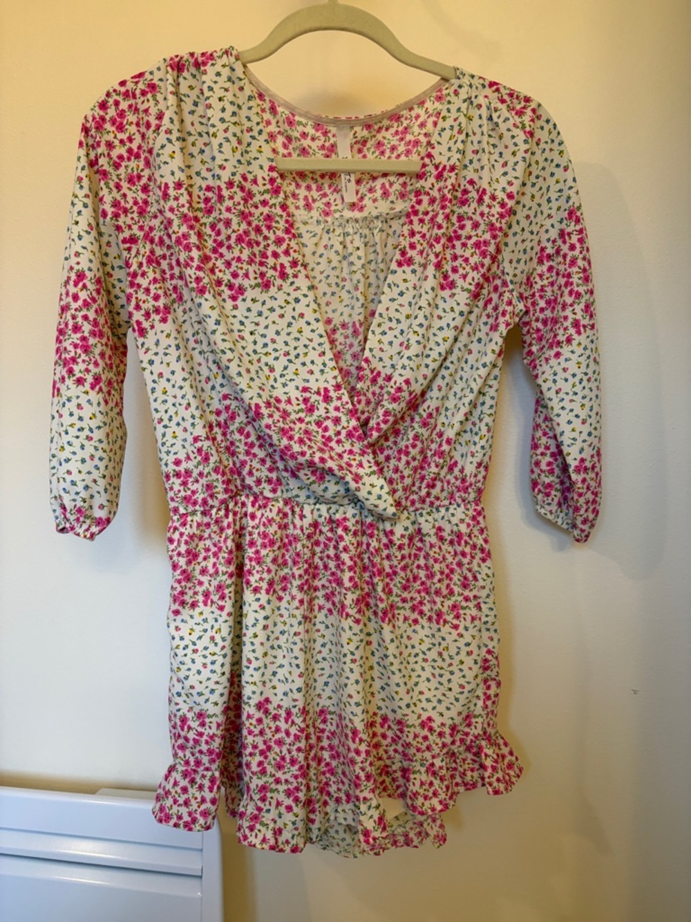 Women’s Floral Wrap Romper in Pink on Cream